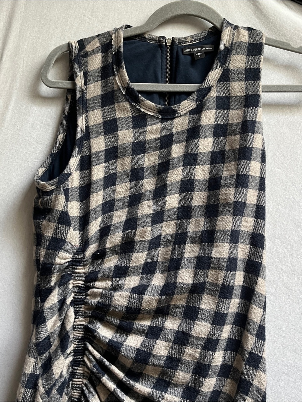 James Perse Virgin Wool Gingham Ruched Cinched Waist Midi Dress Sz S (Sz Tag 1) - Picture 5 of 10